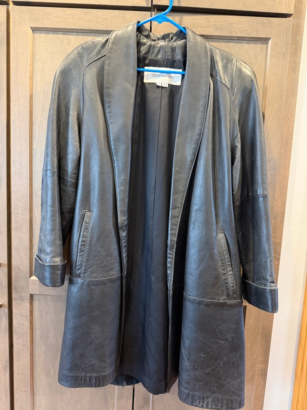 Vintage Jonathan Paris Black Leather Open-Front Swing Coat